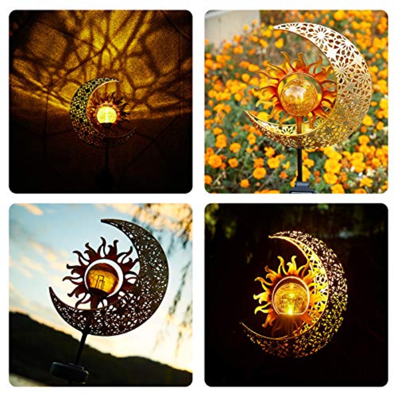1 Pack Garden Solar Lights Outdoor Decorative, Sun & Moon Crackle Glass Globe Metal Stake Light, Waterproof Warm White LED Light, Decorations for Pathway Lawn Patio Courtyard Backyard